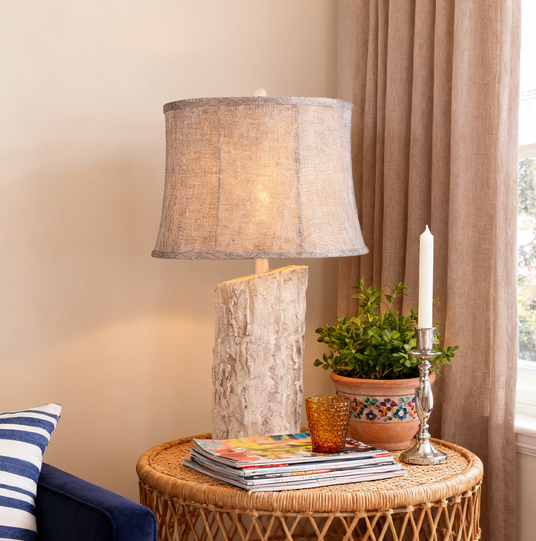 Rustic White Wood Table Lamp with Bark Fabric Shade for Living Room