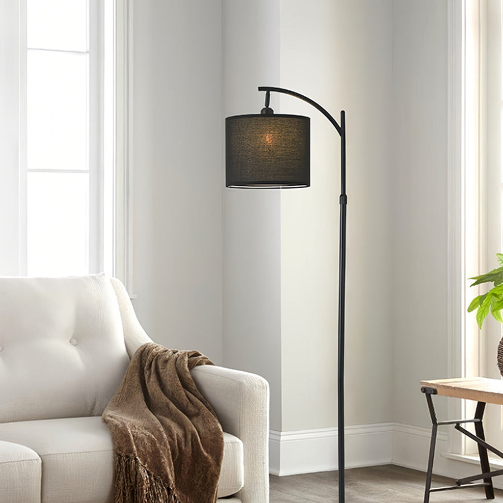 Minimalist White Fabric Shade Arc Floor Lamp in Modern Metal for Living Room