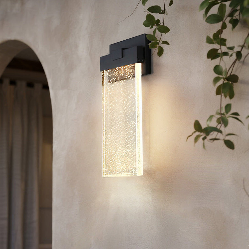 Seeded Glass Rectangular LED Outdoor Wall Sconce Light Fixture in Black