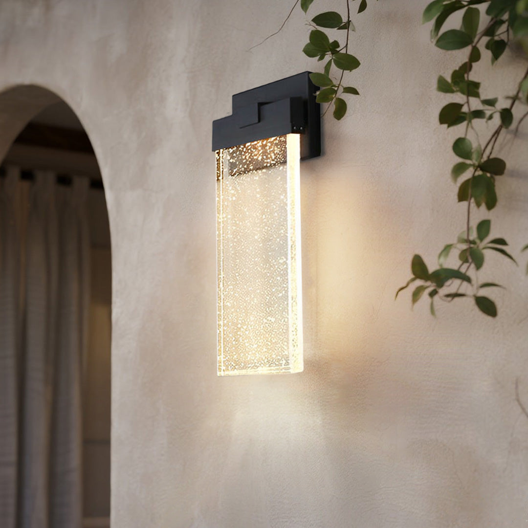 Seeded Glass Rectangular LED Outdoor Wall Sconce Light Fixture in Black