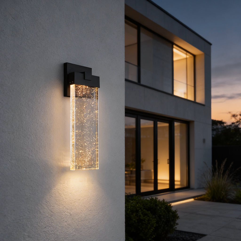 Seeded Glass Rectangular LED Outdoor Wall Sconce Light Fixture in Black