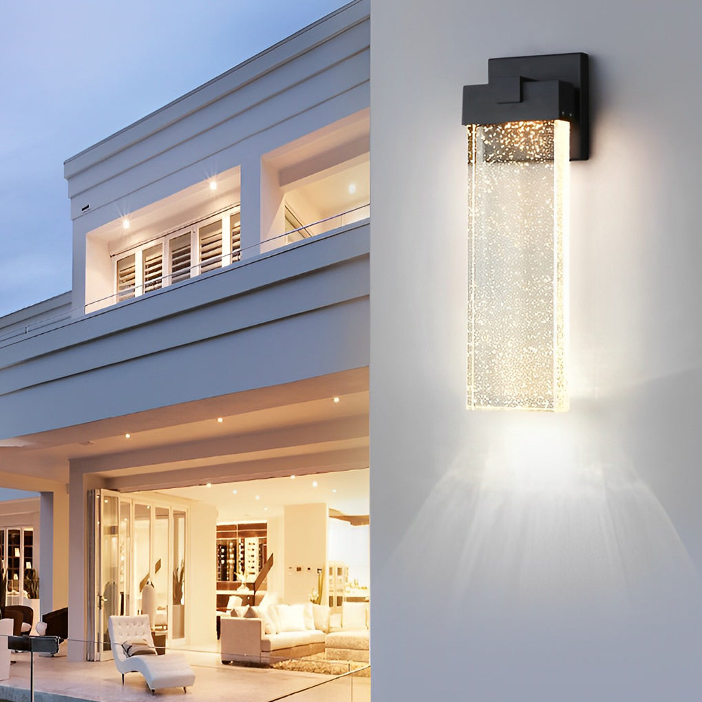 Seeded Glass Rectangular LED Outdoor Wall Sconce Light Fixture in Black
