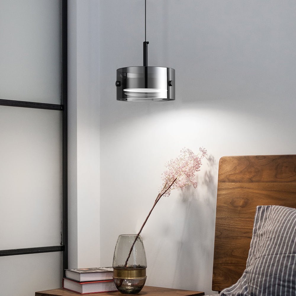 Smoke Gray Nordic Pendant Light - Short Cylinder 3-Step Dimming LED Fixture for Modern Spaces