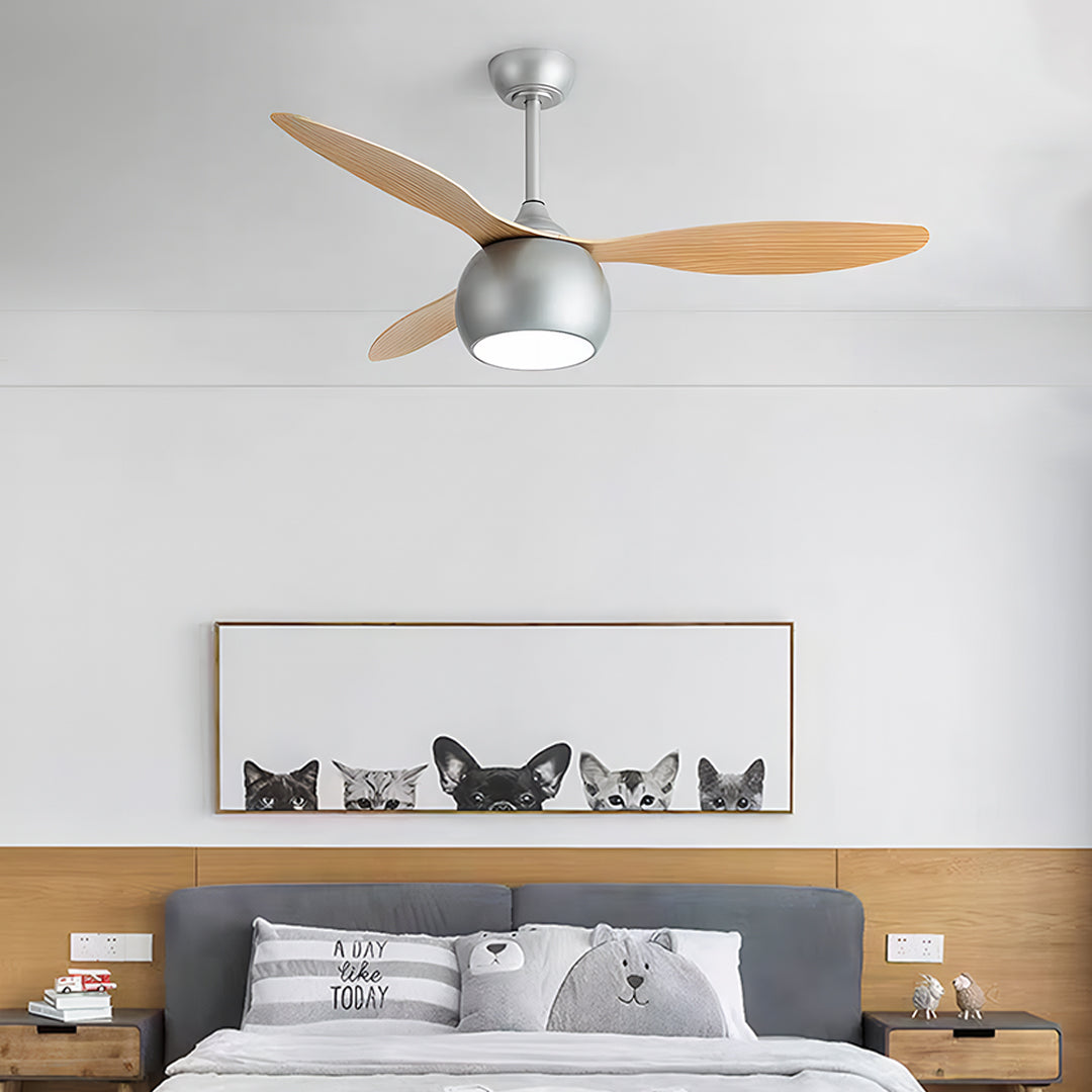 Elegant Silver LED Ceiling Fan with Light Wood Grain Finish for Living Room