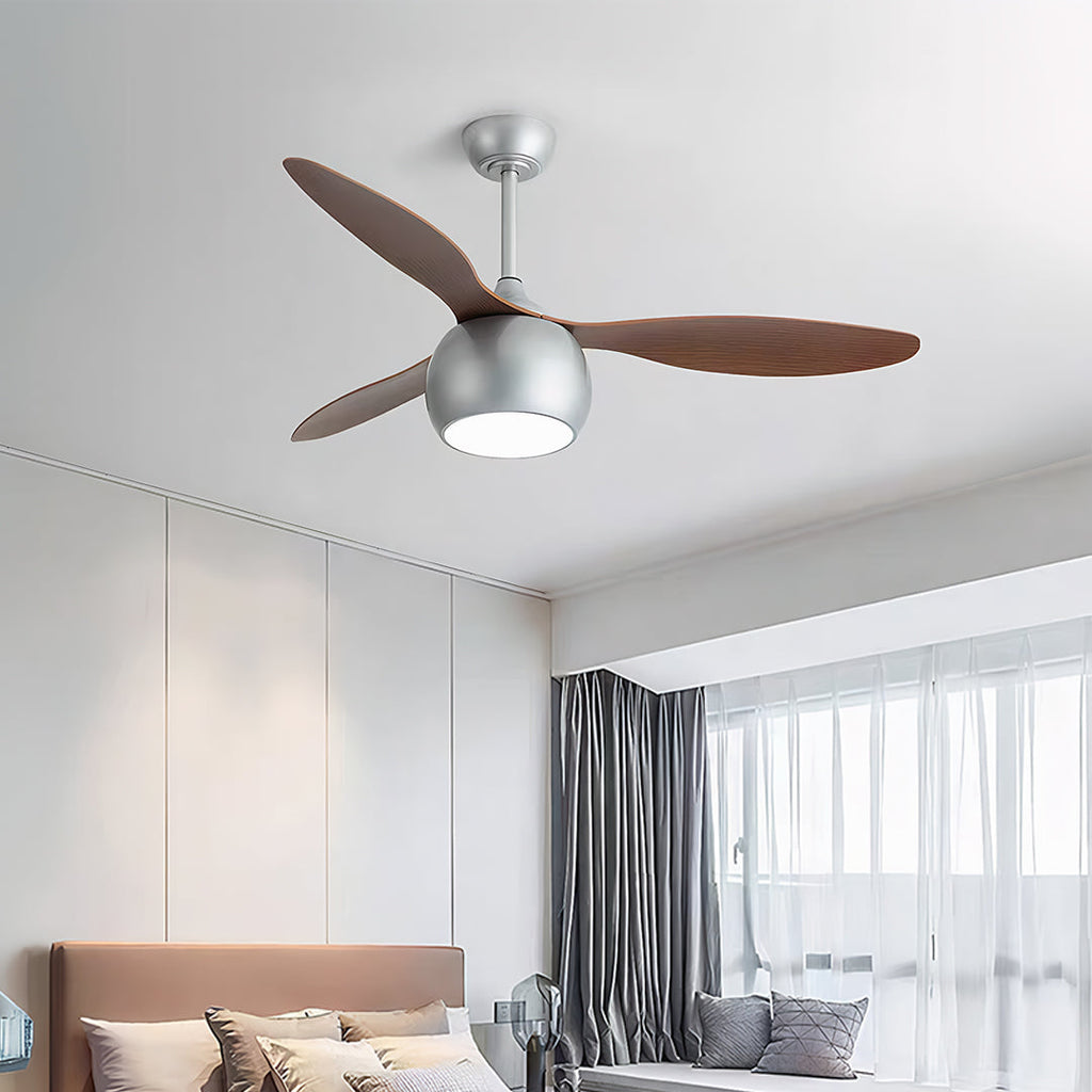 Elegant Silver LED Ceiling Fan with Light Wood Grain Finish for Living Room