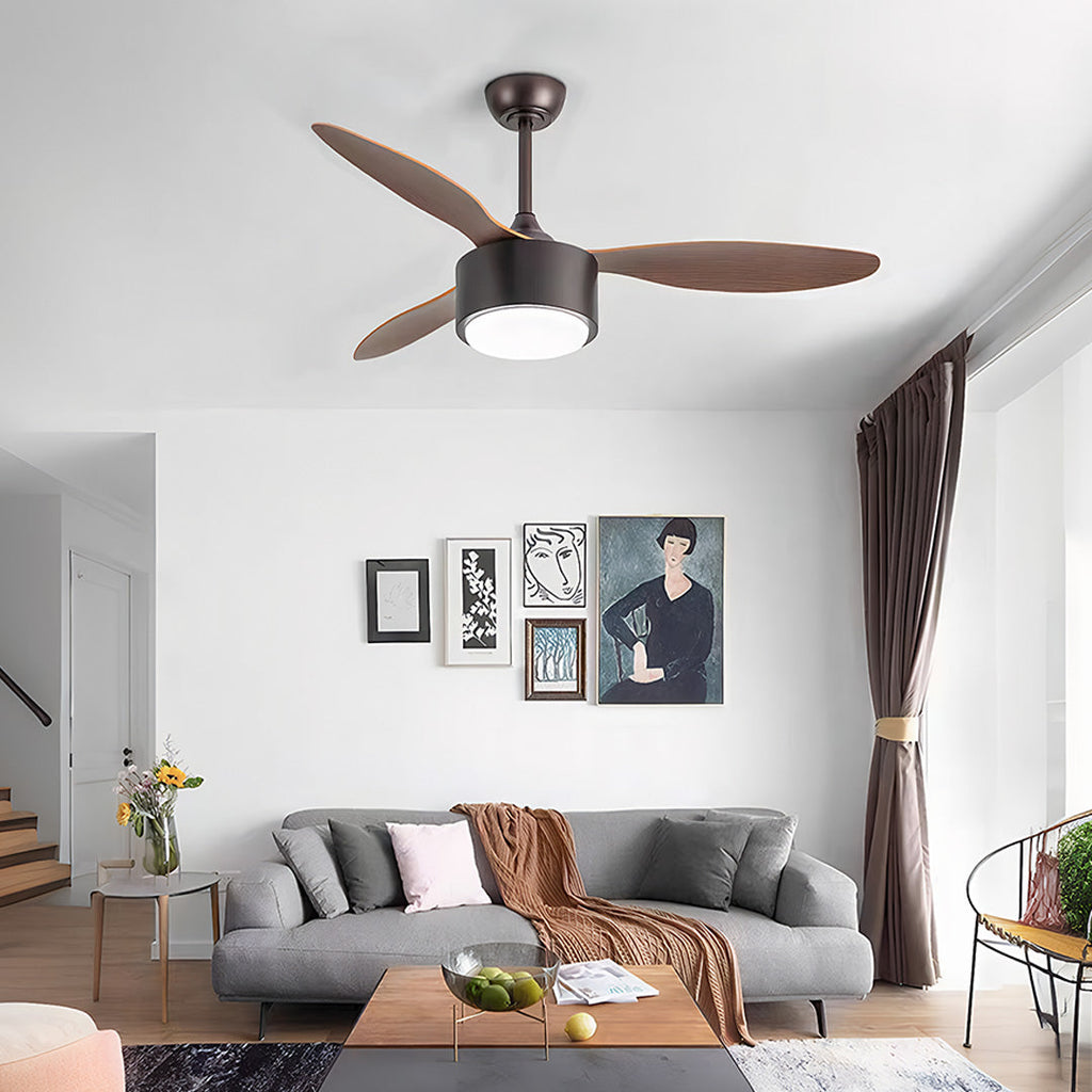 Elegant Silver LED Ceiling Fan with Light Wood Grain Finish for Living Room