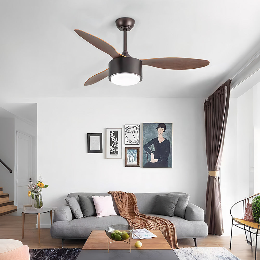 Elegant Silver LED Ceiling Fan with Light Wood Grain Finish for Living Room