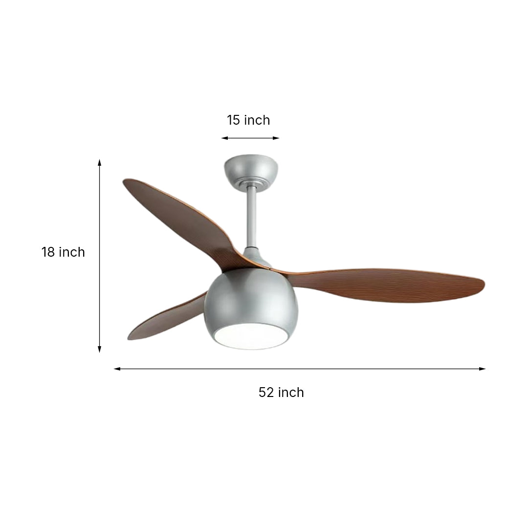 Elegant Silver LED Ceiling Fan with Light Wood Grain Finish for Living Room