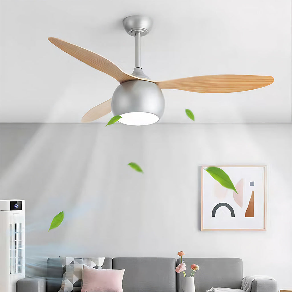 Elegant Silver LED Ceiling Fan with Light Wood Grain Finish for Living Room
