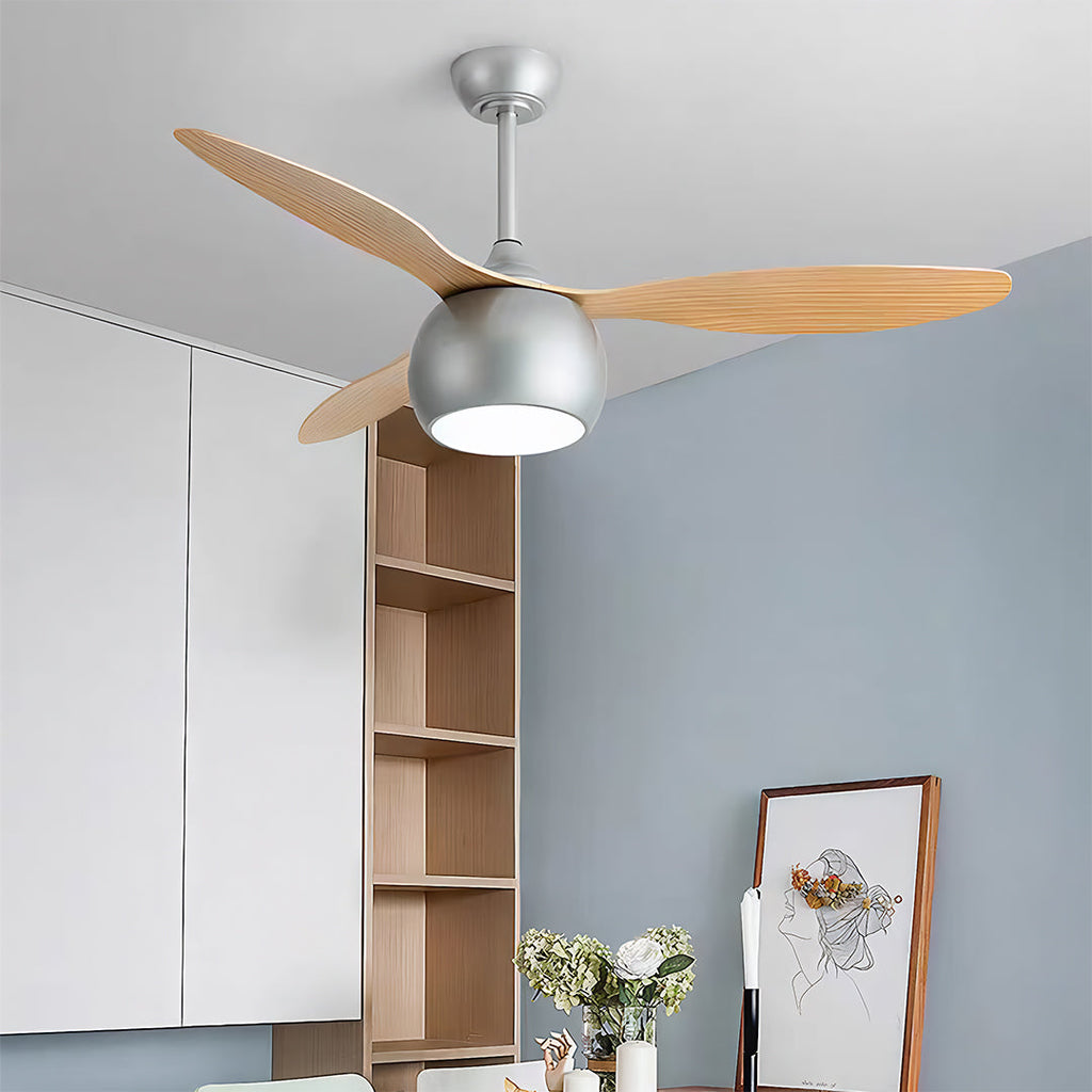 Elegant Silver LED Ceiling Fan with Light Wood Grain Finish for Living Room