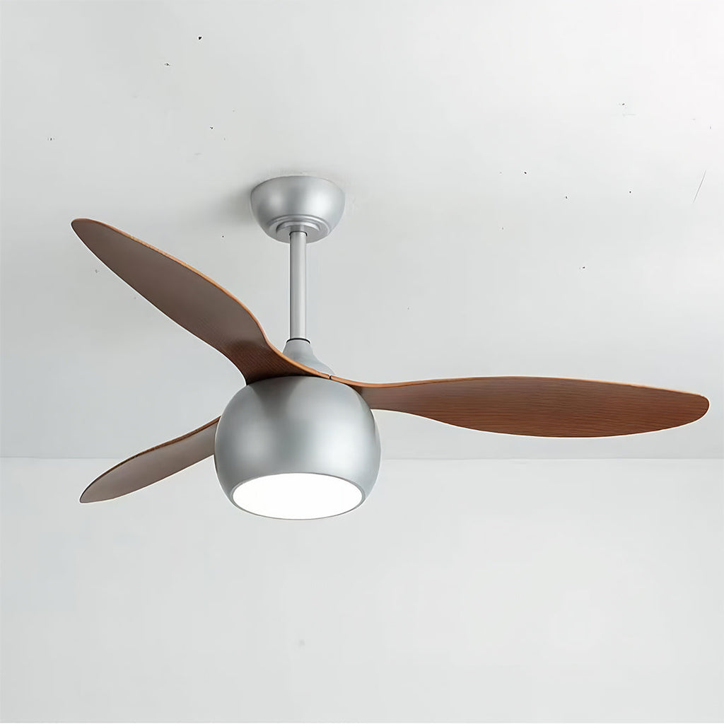 Elegant Silver LED Ceiling Fan with Light Wood Grain Finish for Living Room