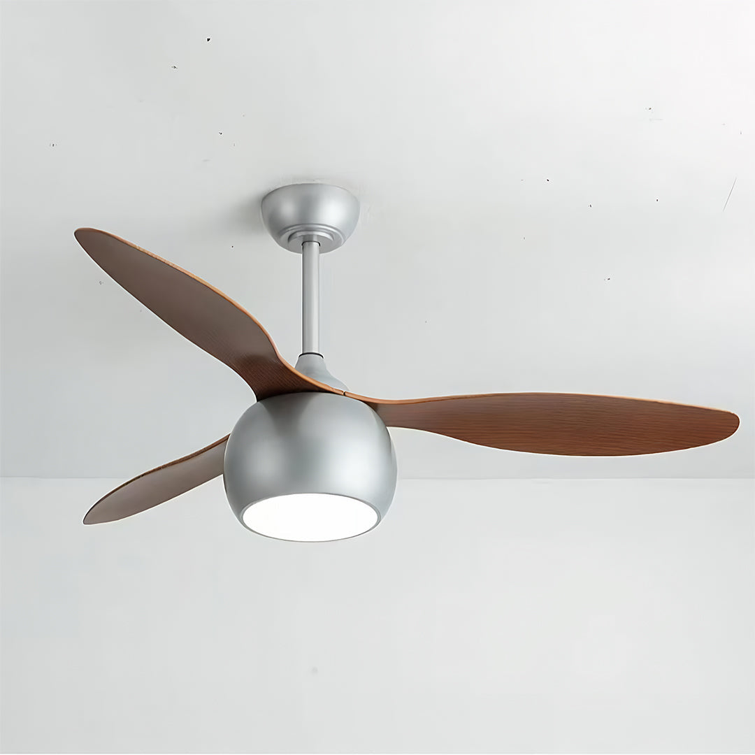 Elegant Silver LED Ceiling Fan with Light Wood Grain Finish for Living Room