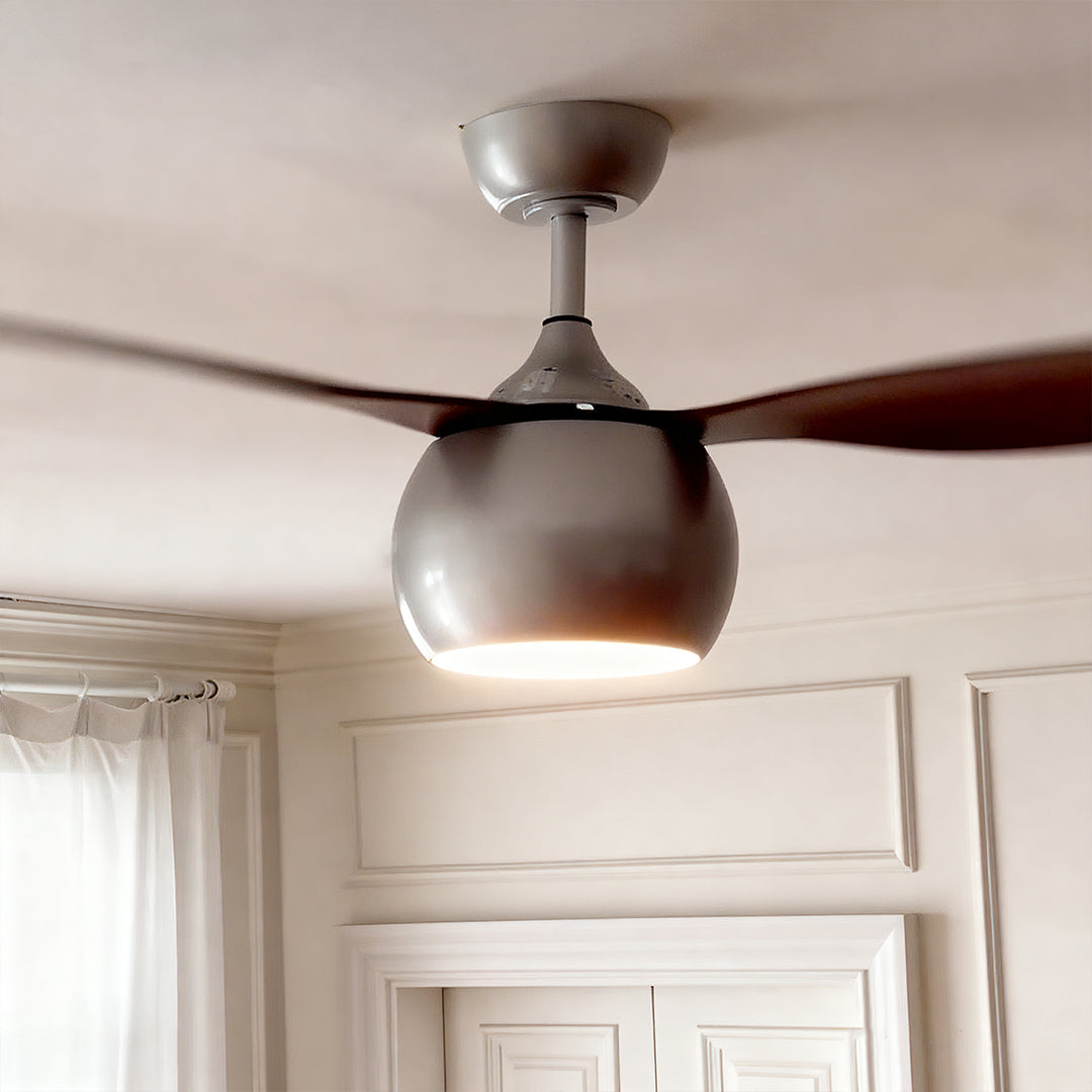 Elegant Silver LED Ceiling Fan with Light Wood Grain Finish for Living Room