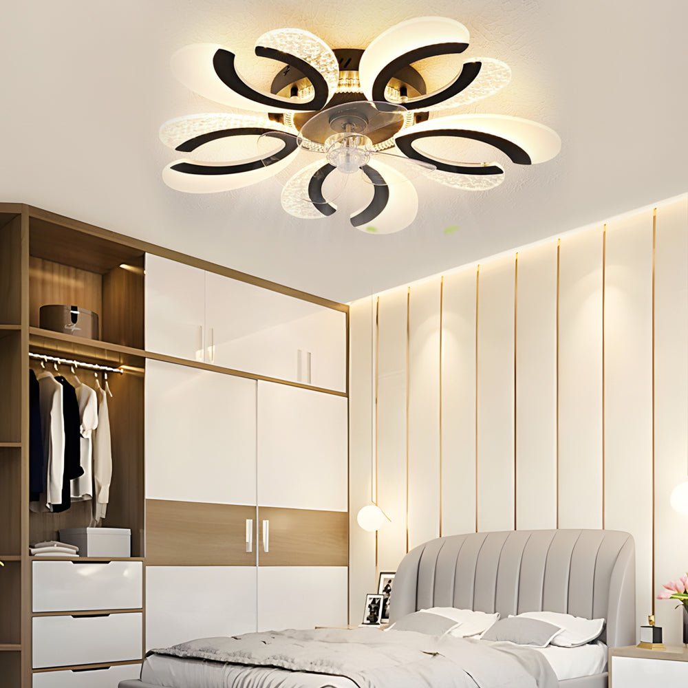 Elegant White Floral Smart Ceiling Fan Light with Dimming for Bedrooms