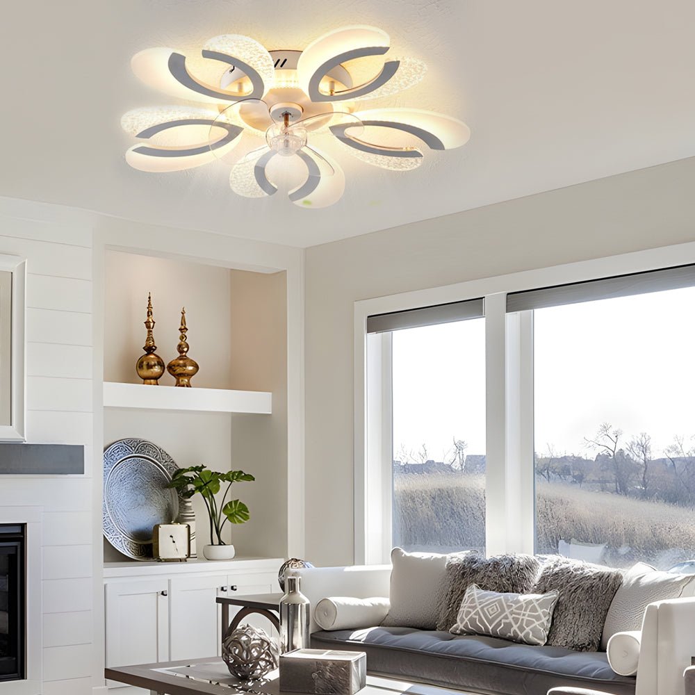 Elegant White Floral Smart Ceiling Fan Light with Dimming for Bedrooms