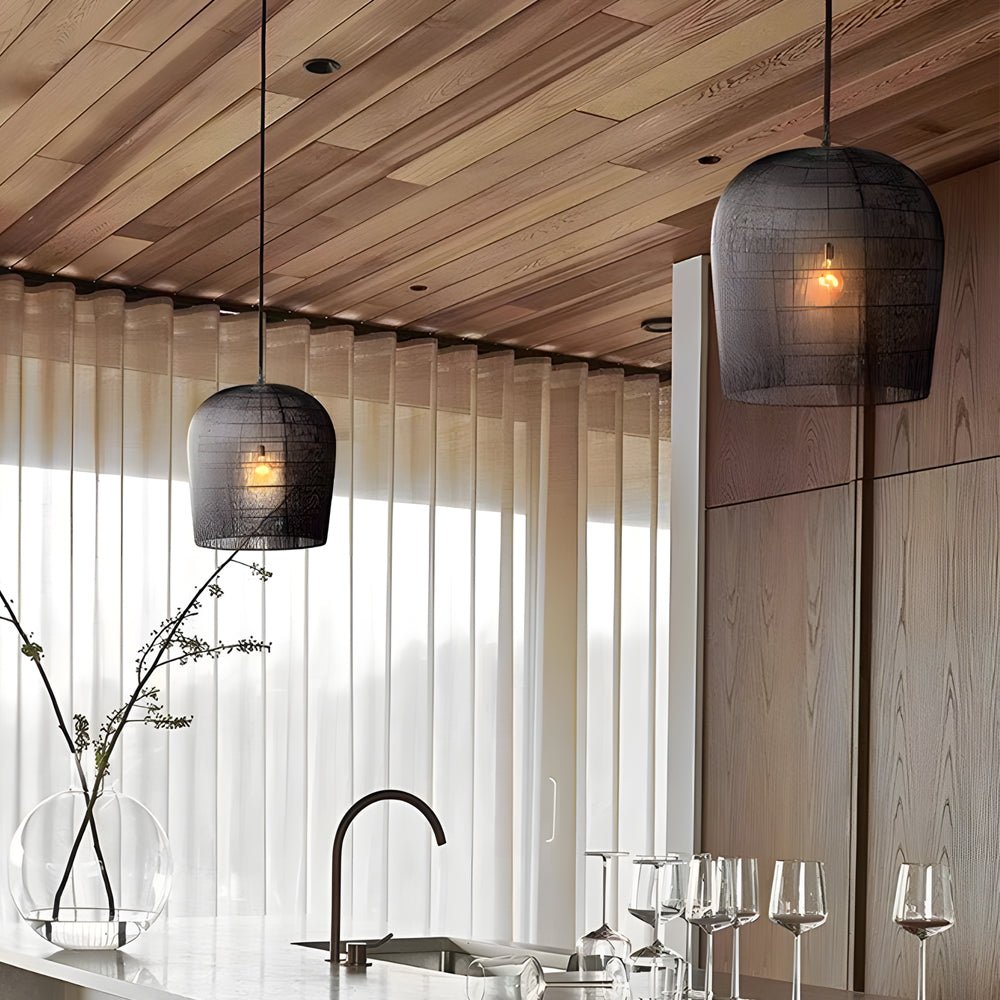 Rustic Black Iron Woven Wabi-Sabi Zen Lantern Chandelier for Home Décor