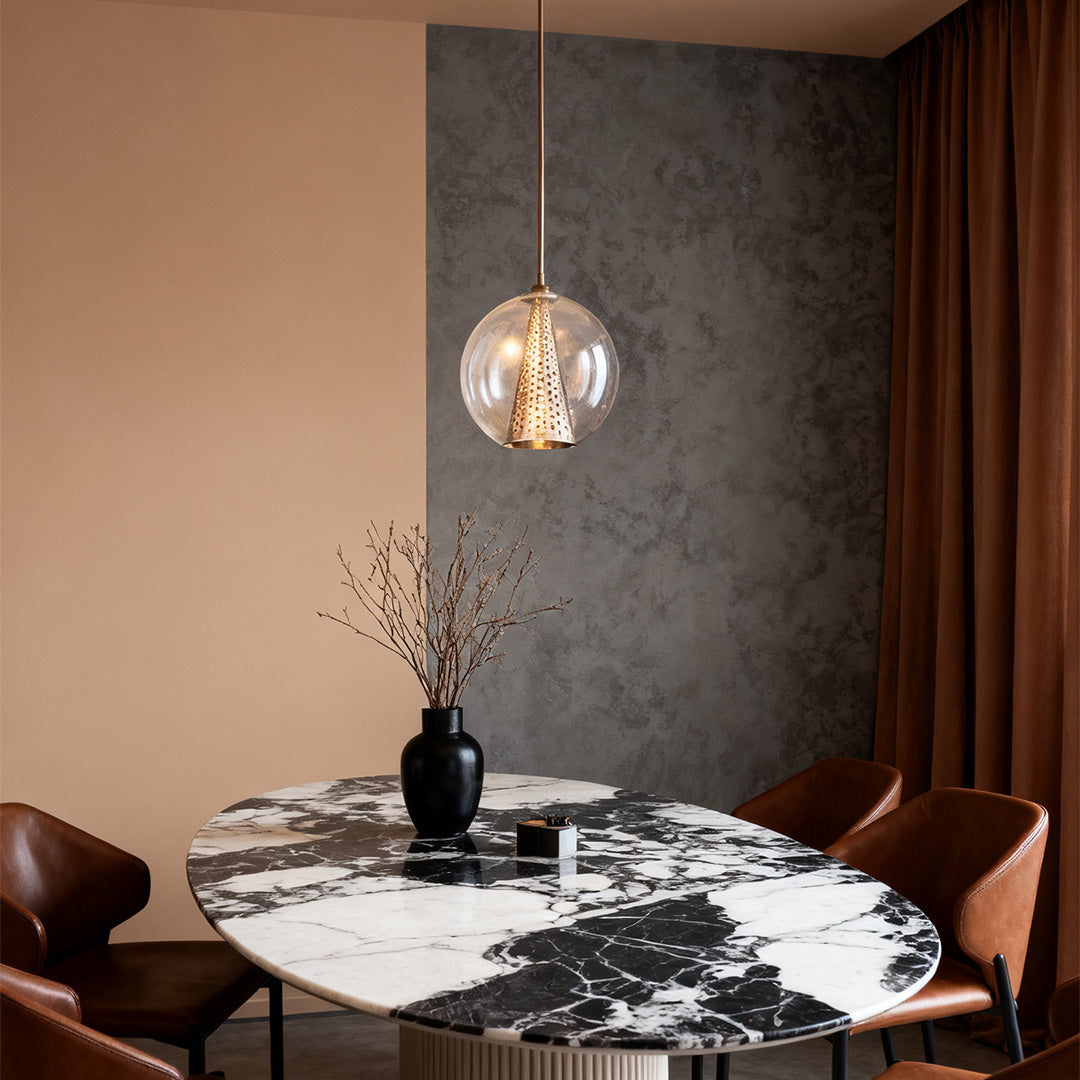 Chic Perforated Metal Cone Pendant Light with Glass Ball for Dining Room