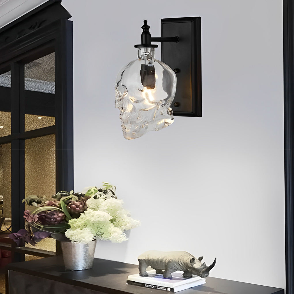 Industrial Metal Skull Wall Sconce with Glass Shades for Unique Décor