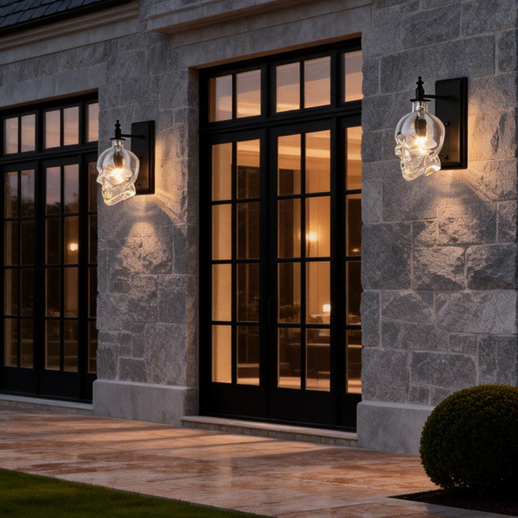 Industrial Metal Skull Wall Sconce with Glass Shades for Unique Décor