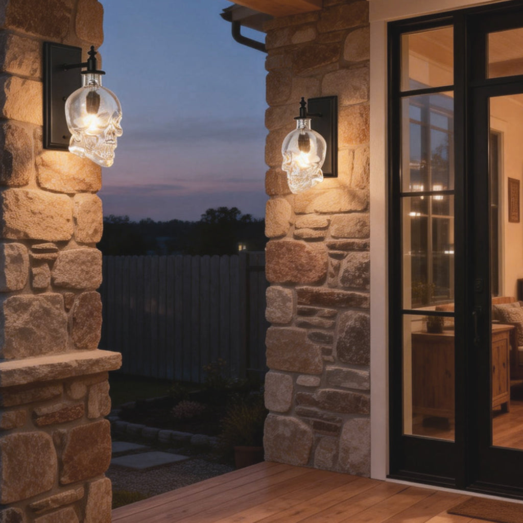 Industrial Metal Skull Wall Sconce with Glass Shades for Unique Décor