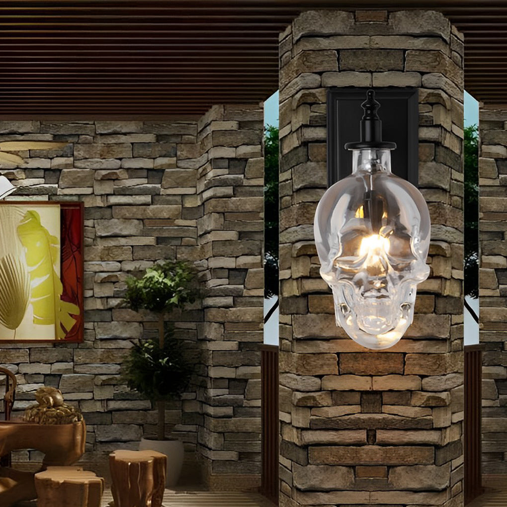 Industrial Metal Skull Wall Sconce with Glass Shades for Unique Décor