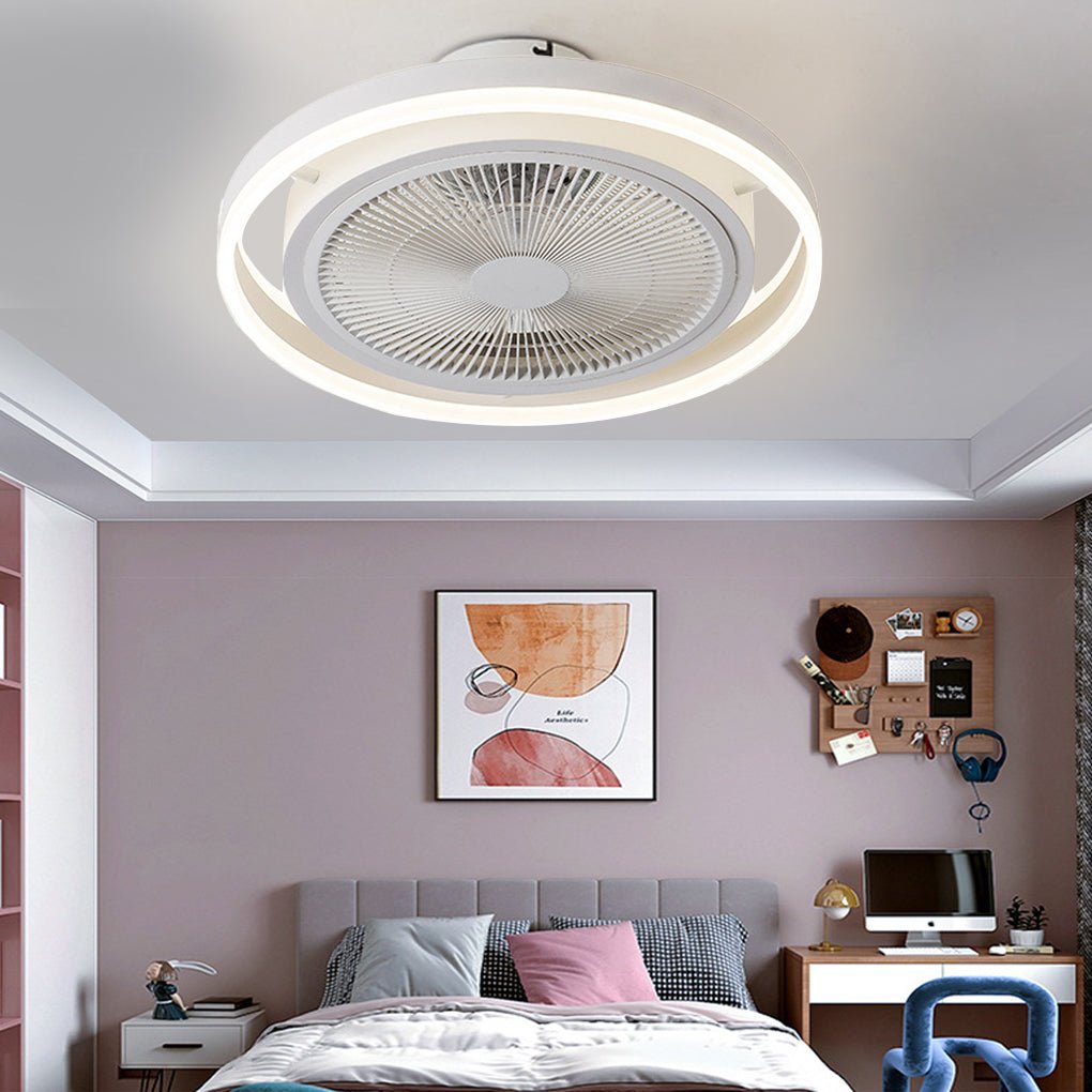 Sleek White Bladeless LED Ceiling Fan with Dimming Light for Modern Rooms