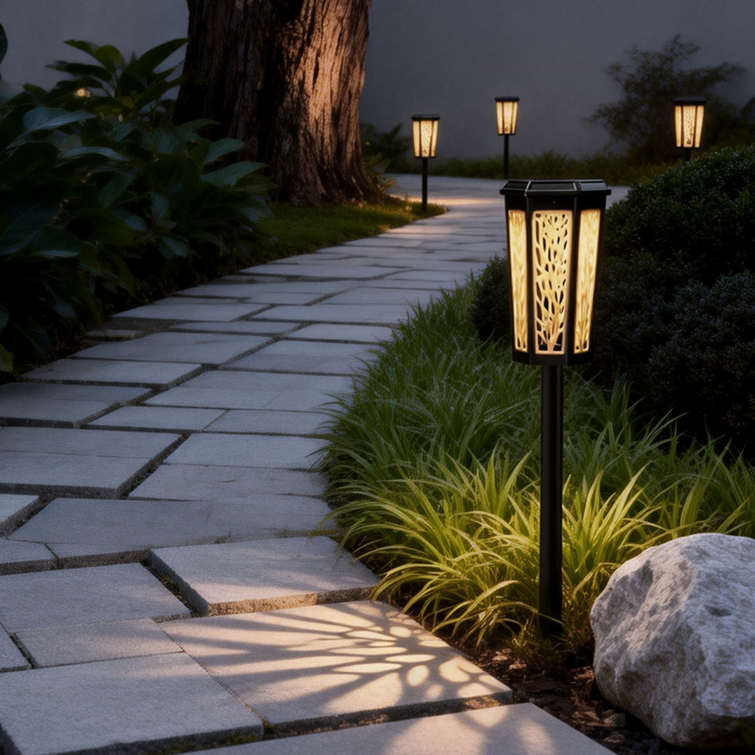 Decorative Solar Pathway Stake Light with Patterned Shadows for Gardens