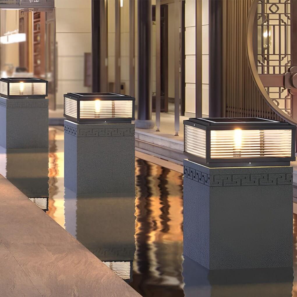 Ribbed Glass Square Pillar Outdoor Metal Lantern Light for Patios