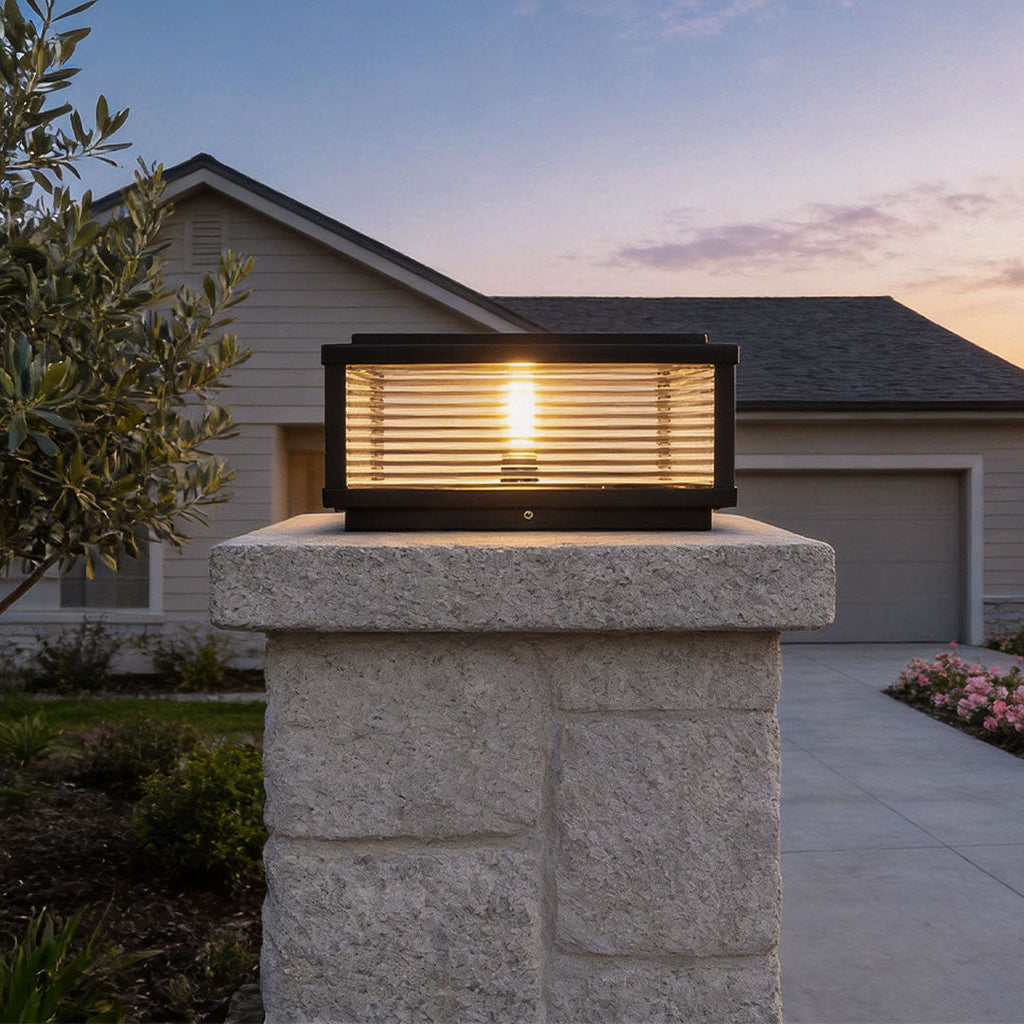 Ribbed Glass Square Pillar Outdoor Metal Lantern Light for Patios