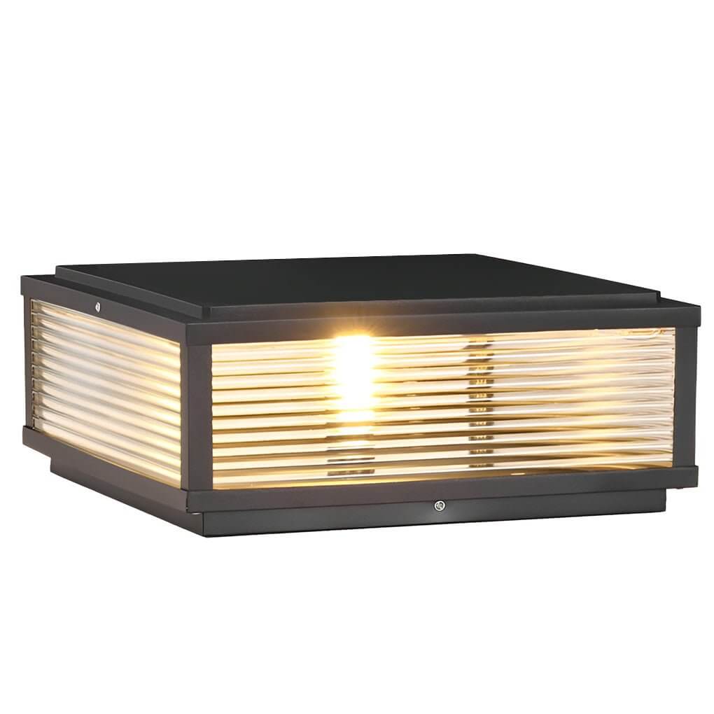 Ribbed Glass Square Pillar Outdoor Metal Lantern Light for Patios