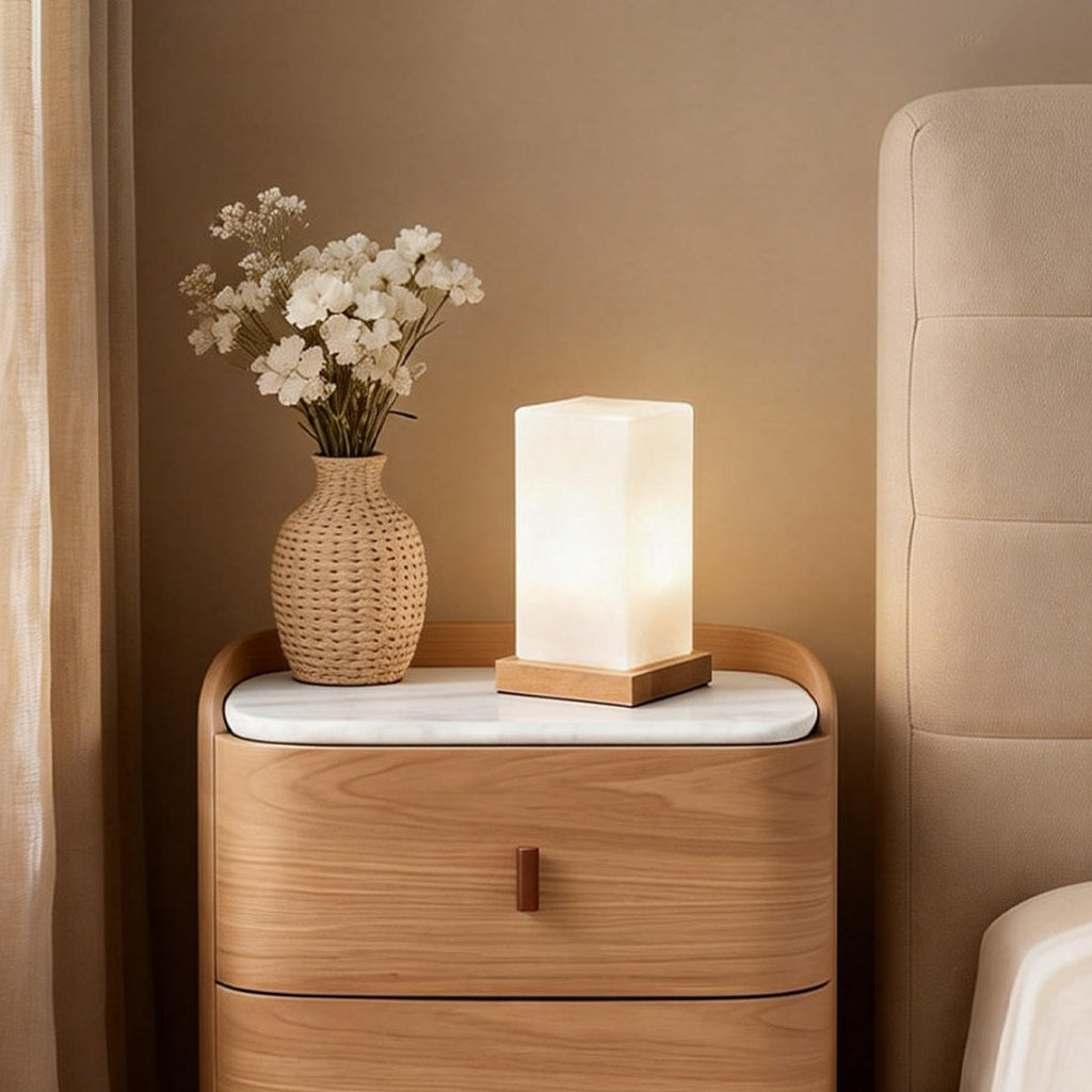 Rustic Wood Cube Battery-Powered LED Table Lamp for Living Room/Office