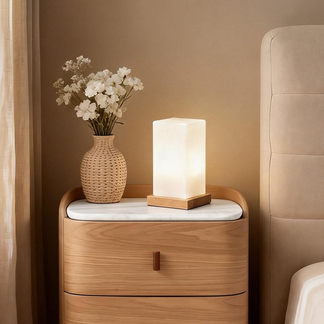 Rustic Wood Cube Battery-Powered LED Table Lamp for Living Room/Office