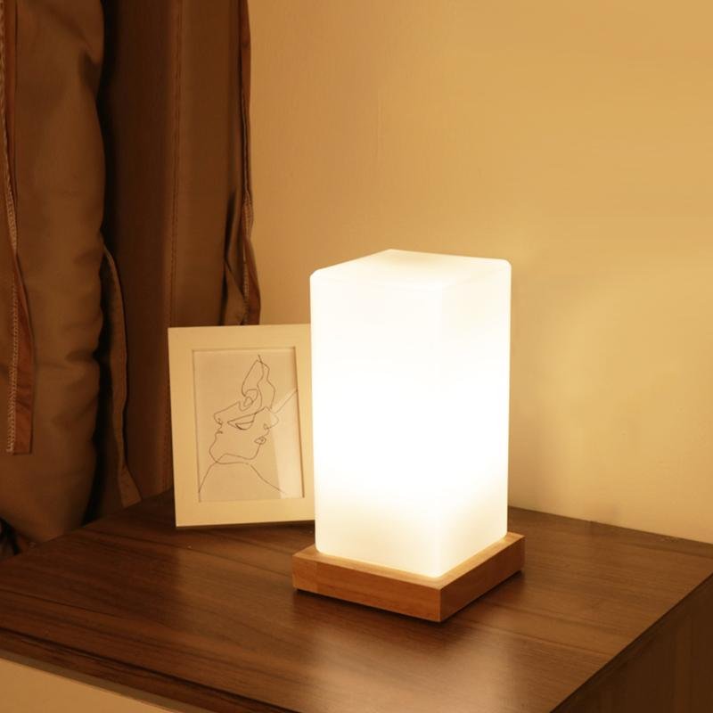 Rustic Wood Cube Battery-Powered LED Table Lamp for Living Room/Office