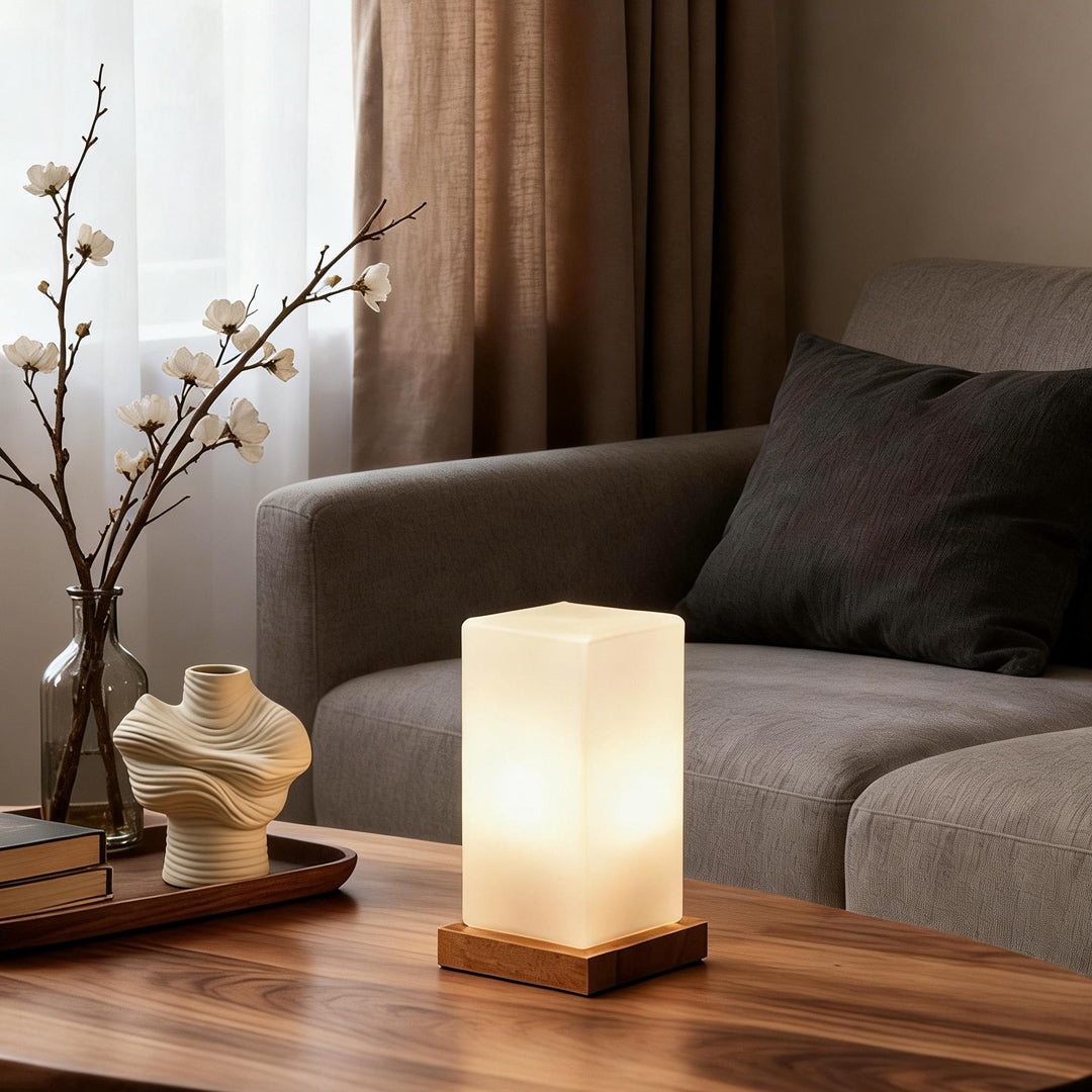 Rustic Wood Cube Battery-Powered LED Table Lamp for Living Room/Office