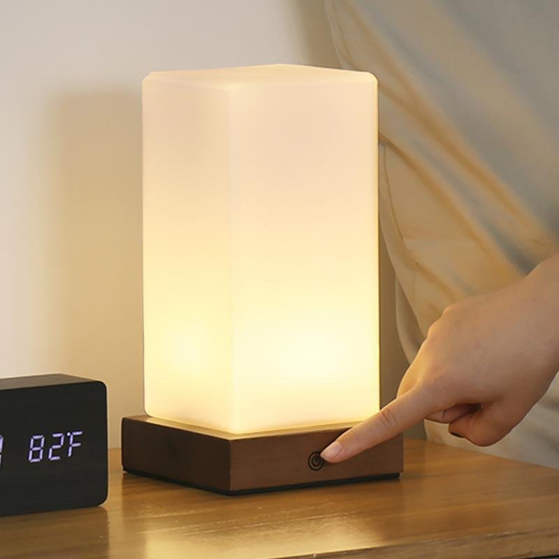 Rustic Wood Cube Battery-Powered LED Table Lamp for Living Room/Office