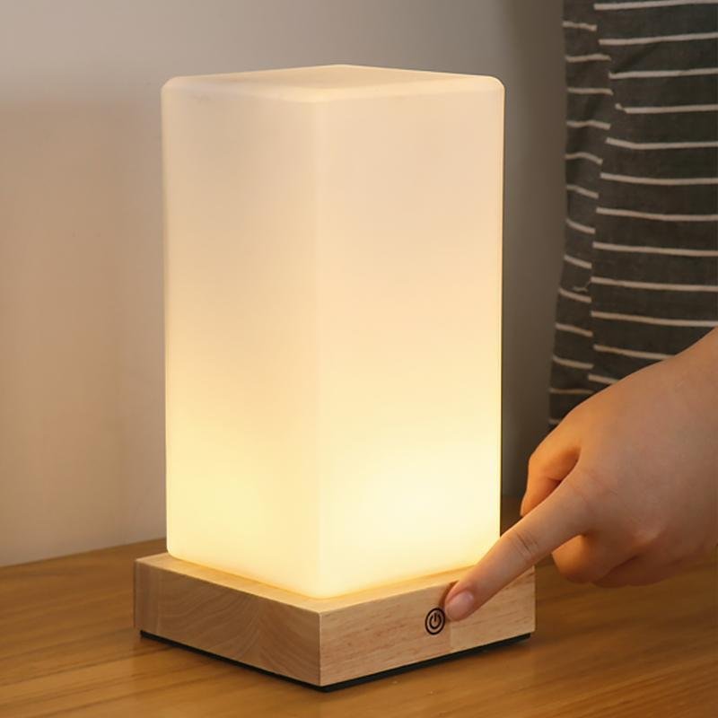 Rustic Wood Cube Battery-Powered LED Table Lamp for Living Room/Office