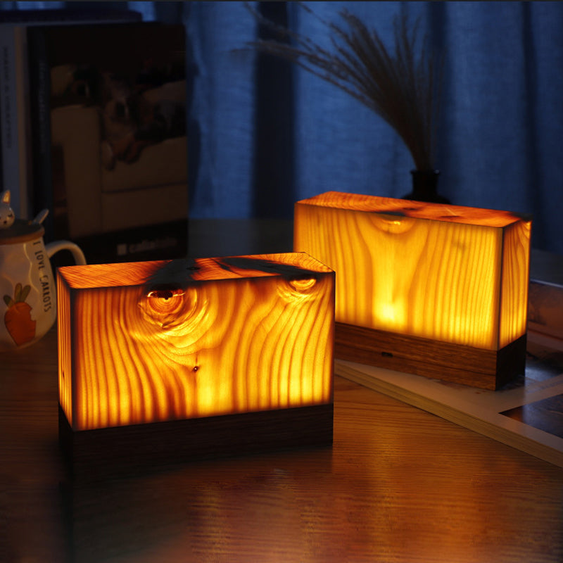 Modern Wood Grain Cube LED Table Lamp for Living Room Decor