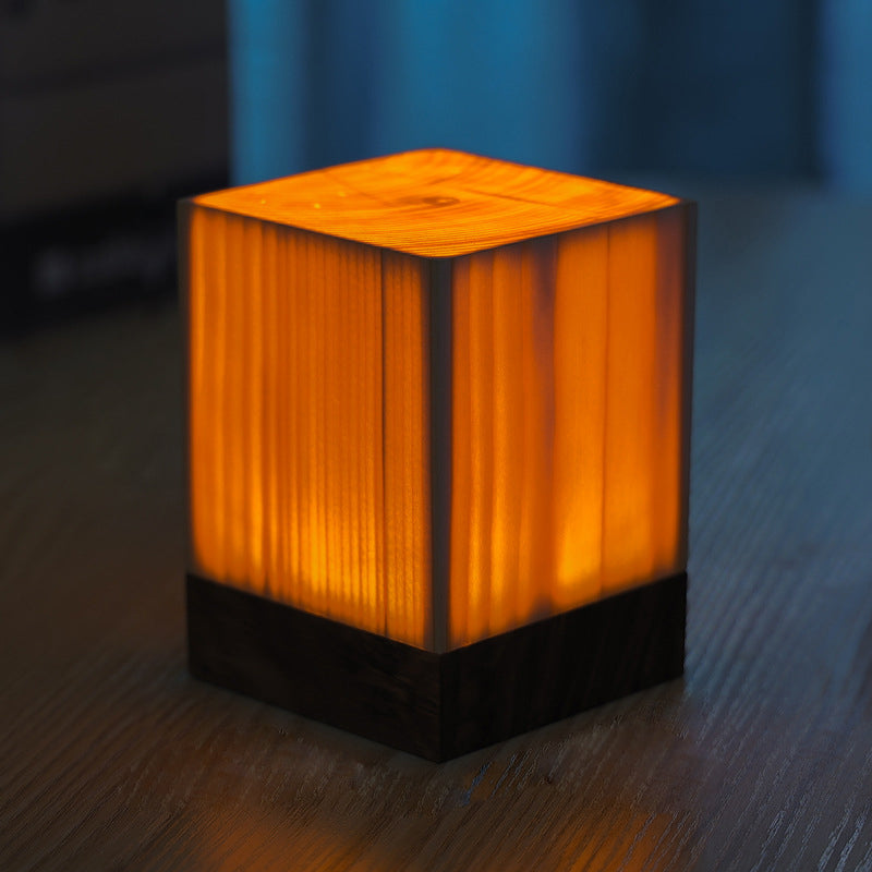 Modern Wood Grain Cube LED Table Lamp for Living Room Decor