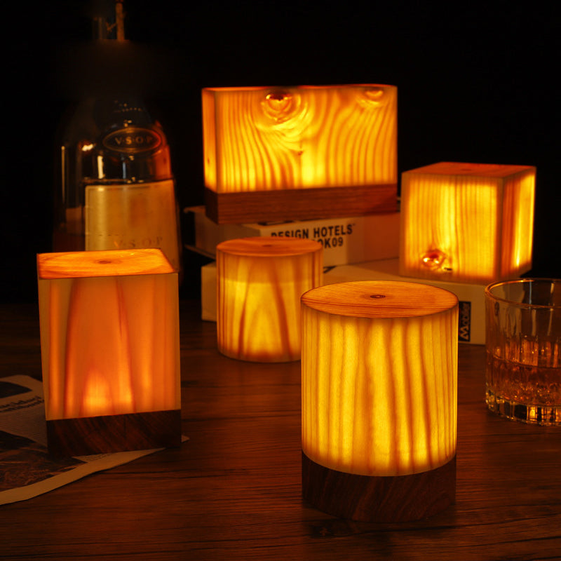 Modern Wood Grain Cube LED Table Lamp for Living Room Decor