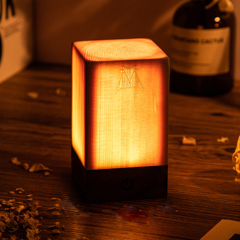 Modern Wood Grain Cube LED Table Lamp for Living Room Decor