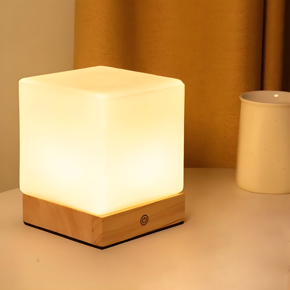 Modern Square Wooden LED Ambient Table Lamp for Bedroom or Living Room