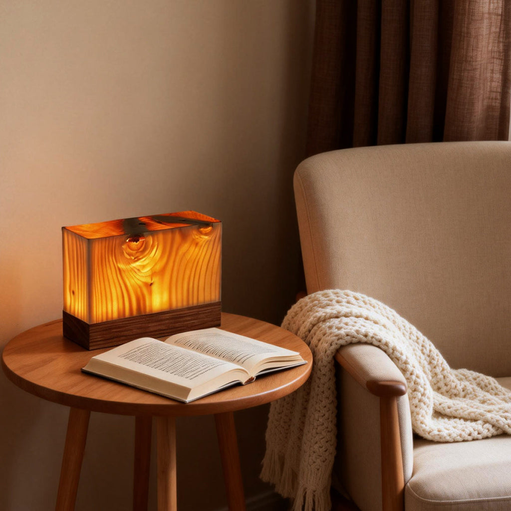 Modern Wood Grain Cube LED Table Lamp for Living Room Decor