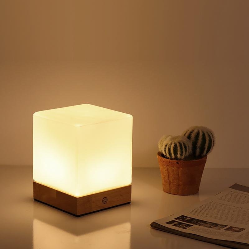 Modern Square Wooden LED Ambient Table Lamp for Bedroom or Living Room