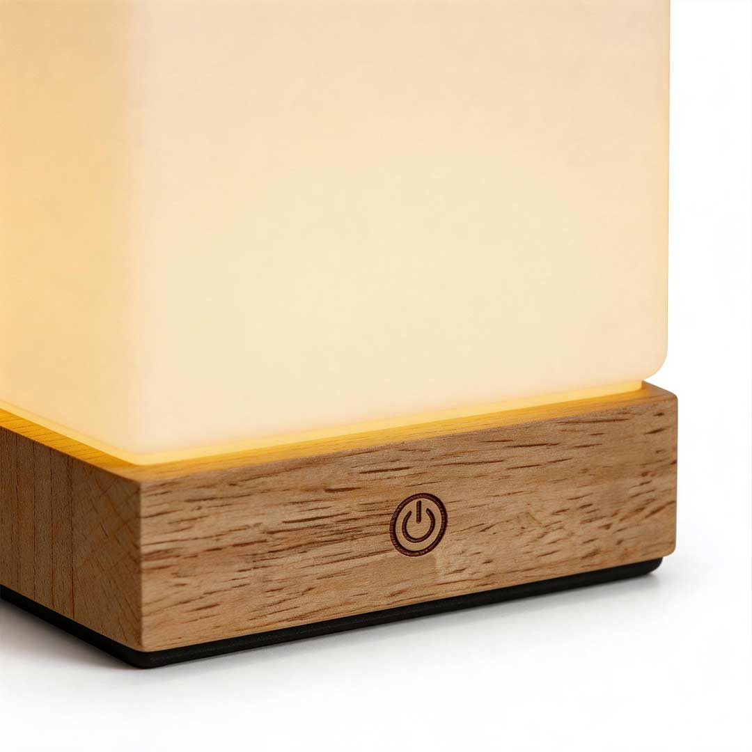 Modern Square Wooden LED Ambient Table Lamp for Bedroom or Living Room