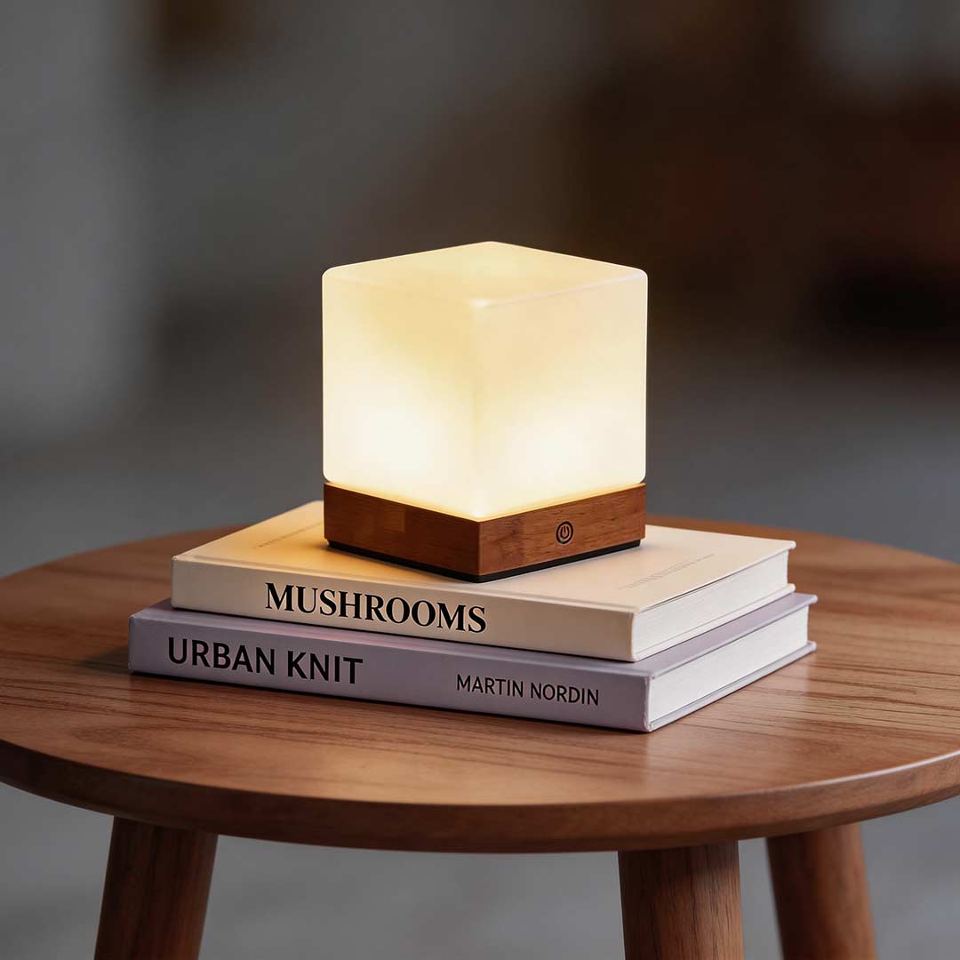 Modern Square Wooden LED Ambient Table Lamp for Bedroom or Living Room