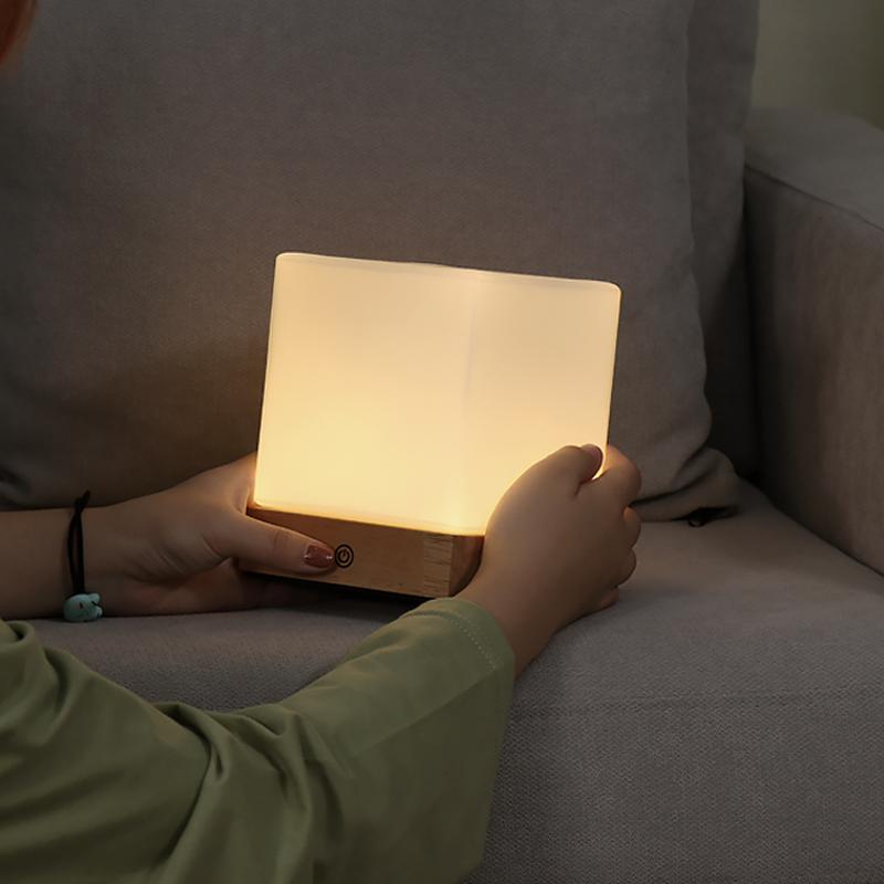Modern Square Wooden LED Ambient Table Lamp for Bedroom or Living Room