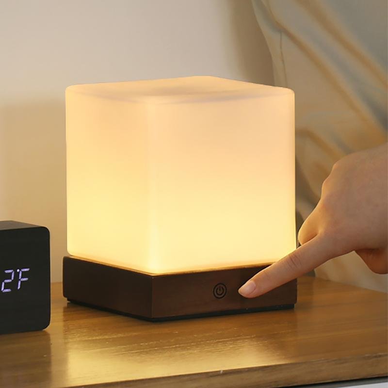 Modern Square Wooden LED Ambient Table Lamp for Bedroom or Living Room