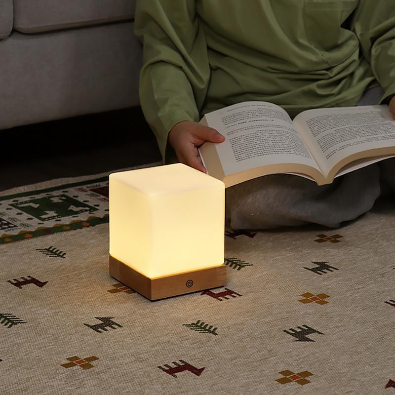 Modern Square Wooden LED Ambient Table Lamp for Bedroom or Living Room