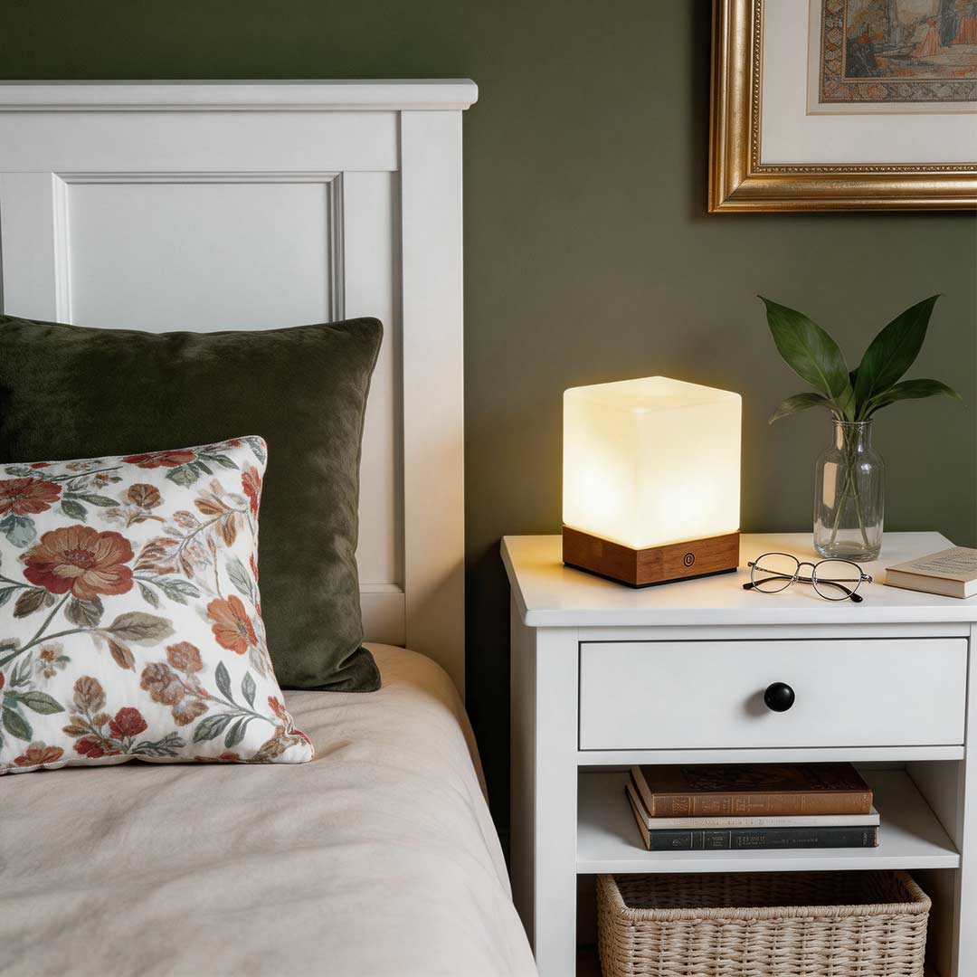 Modern Square Wooden LED Ambient Table Lamp for Bedroom or Living Room