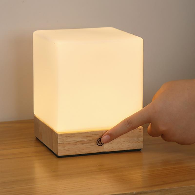 Modern Square Wooden LED Ambient Table Lamp for Bedroom or Living Room